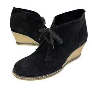 J Crew Italy Ankle Boots Womens Size 9 Black Suede Lace Up Wedge Clogs Shoes